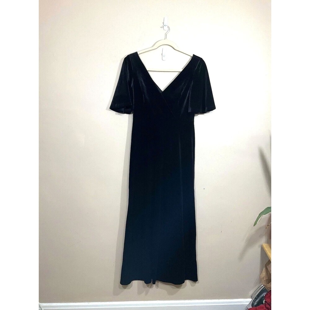 Everpretty Double V Neck Velvet Maxi Dress 3XL 14 Black Goth Witch Vamp NWT